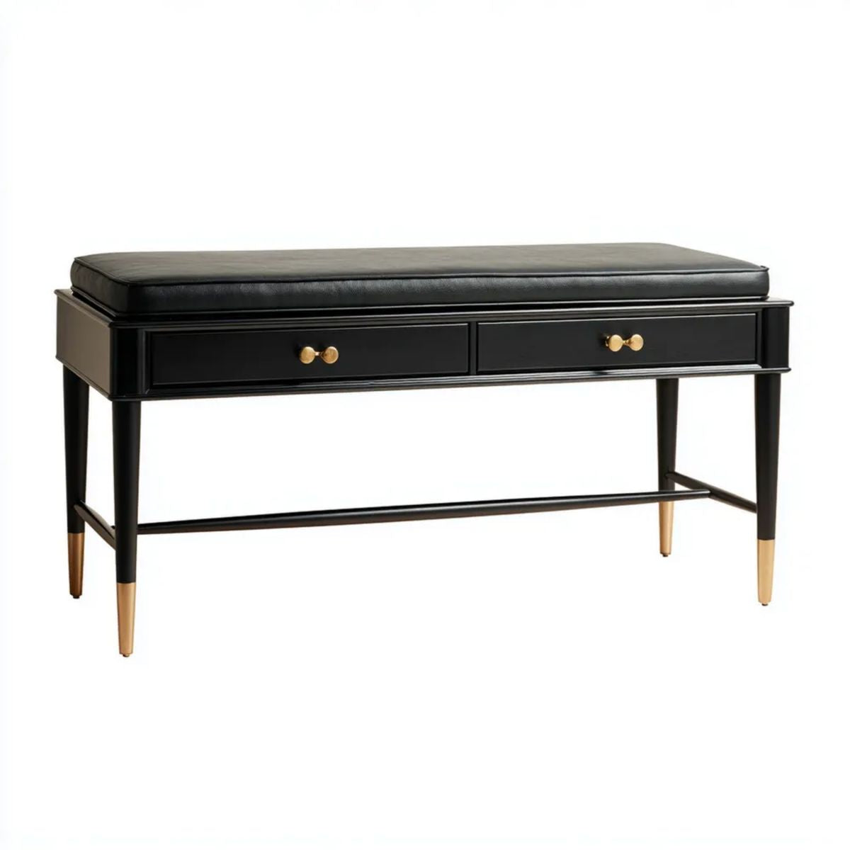 Czarna ławka z siedziskiem z PU, 2 szufladami z płyty MDF i złotymi detalami, 120 × 40 × 50 cm