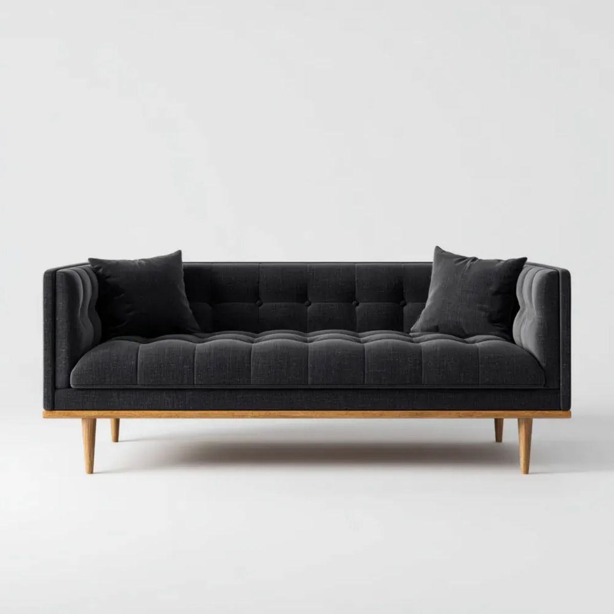 Czarna sofa trzyosobowa z tapicerką poliestrową i drewnianymi nogami, 210 x 85 x 82 cm