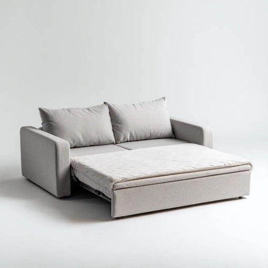 Dwuosobowa sofa rozkładana jasnoszara z tapicerką poliestrową 180 × 90 × 85 cm, powierzchnia spania 140 × 200 cm