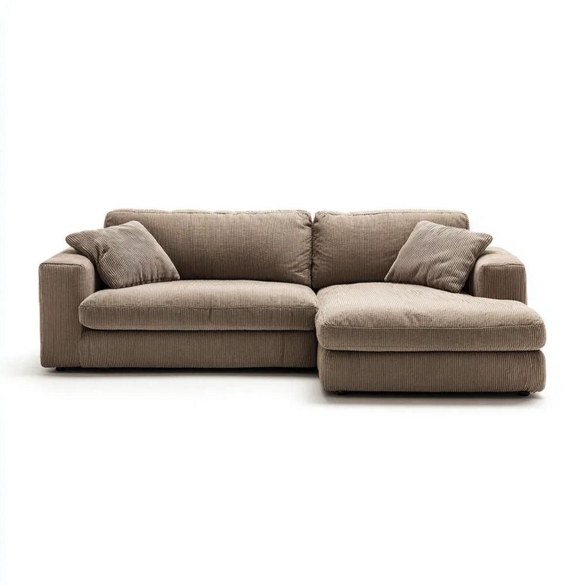 Beżowa sofa narożna z prawostronnym szezlongiem, sztruks poliestrowy, 250 x 160 x 85 cm