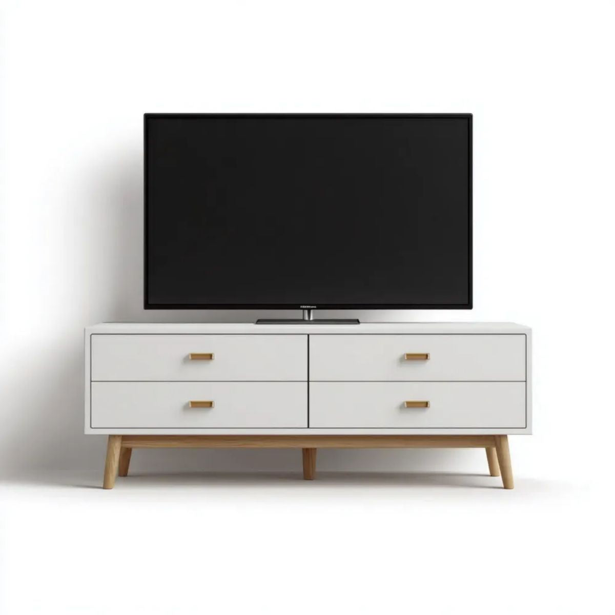 Biała szafka RTV z MDF na nogach z litego drewna bukowego, 160 × 40 × 60 cm