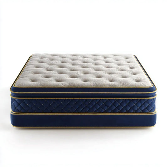 Materac kieszeniowy średnio twardy z pianką poliuretanową 160 × 200 × 32 cm, granatowy/kremowy/złoty