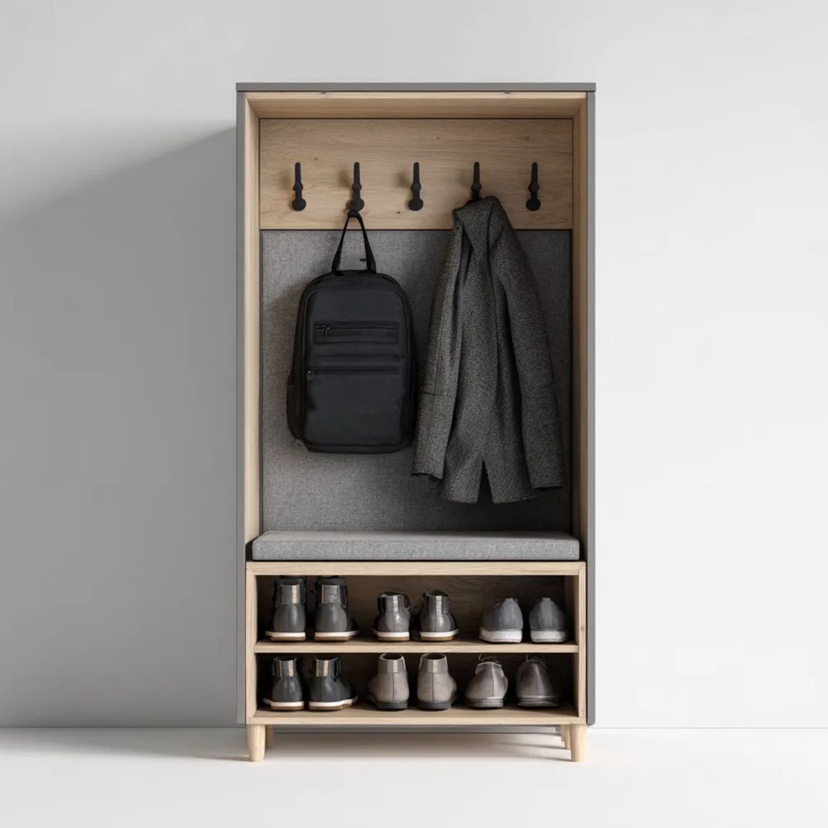 Otwarta szafa z siedziskiem i półkami na buty MDF 80 x 35 x 190 cm Jasny dąb/Szary/Czarny
