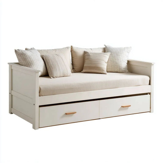 Rozkładana sofa drewniana z 2 szufladami, biało-kremowa, 198 x 98 x 92 cm