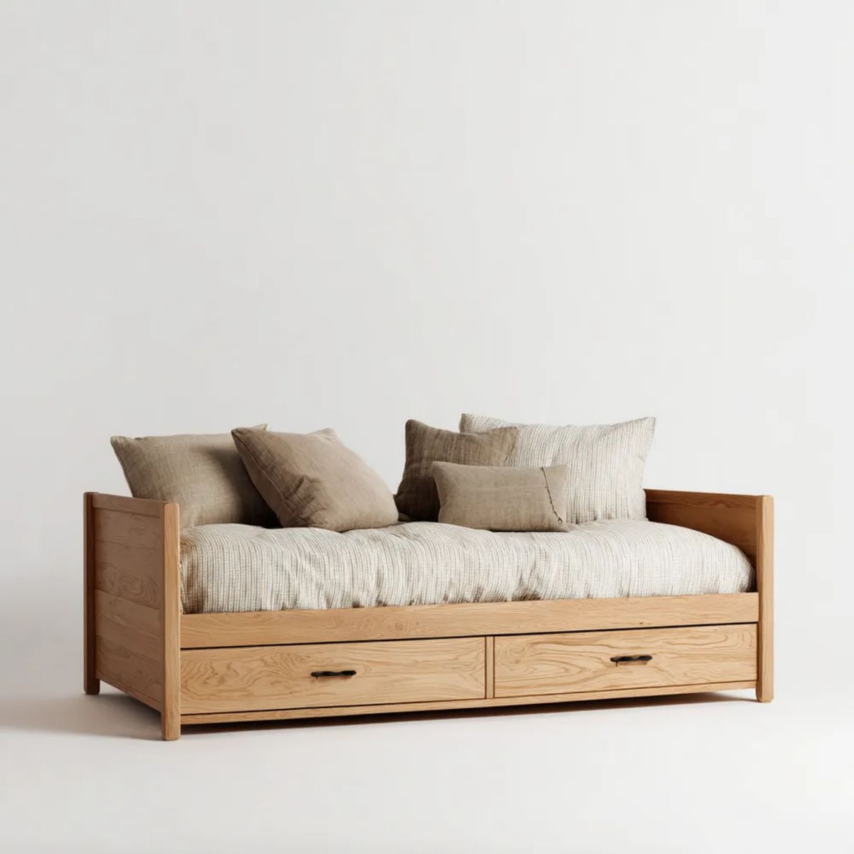 Drewniana sofa dzienna jednoosobowa z 2 szufladami, jasnobrązowa, 210 × 90 × 75 cm